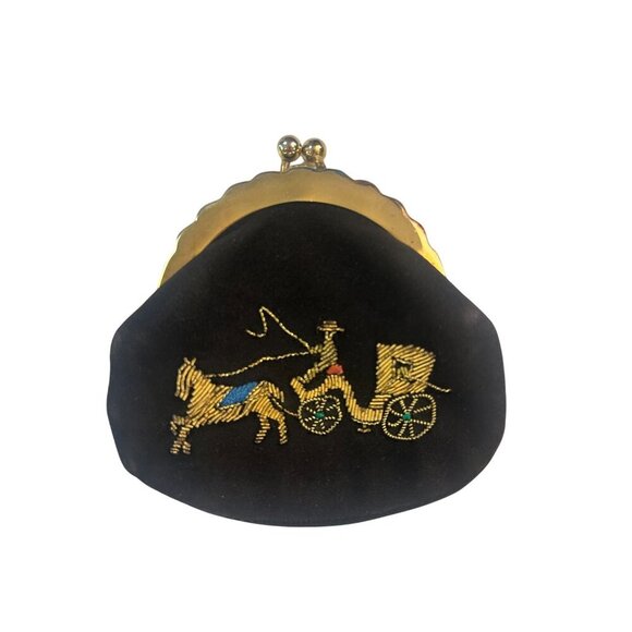 Vintage Black Velvet Coin Purse With Embroidered Horse & Carriage Design - Picture 1 of 5